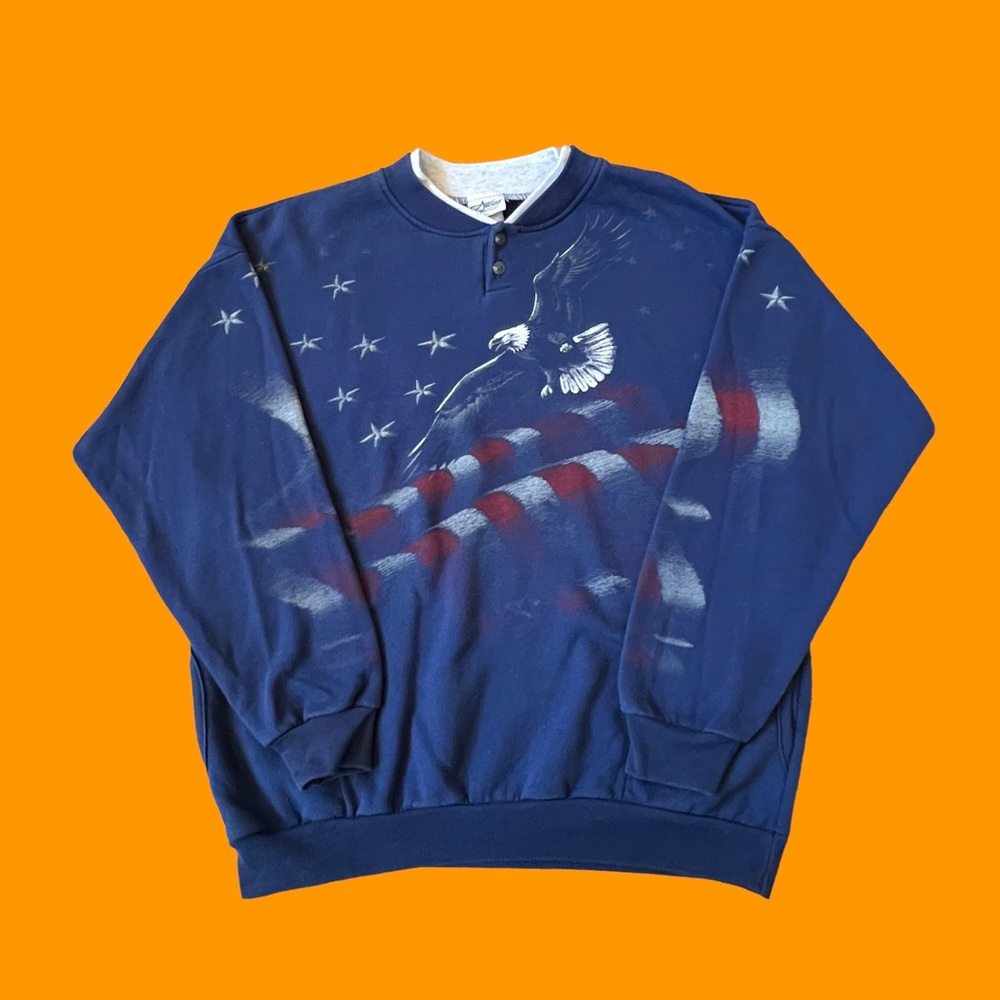 Vintage 90s Henley Sweatshirt American All Over Print Eagle Blue USA Men Size XL